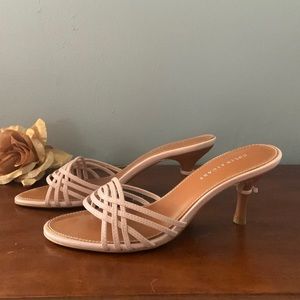COLIN STUART GENUINE pink leather mid heel slides. Bow on heel. Size 7.